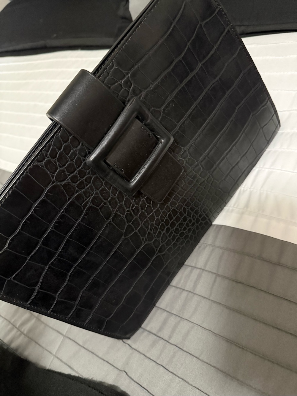 Black Croc-Embossed Buckle Clutch